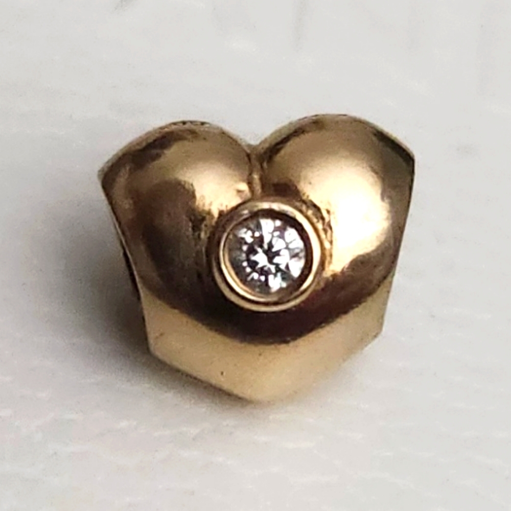 PANDORA 14k GOLD HEART HTF WITH 2 Diamonds RETIRED 585 Charm**REDUCED**
